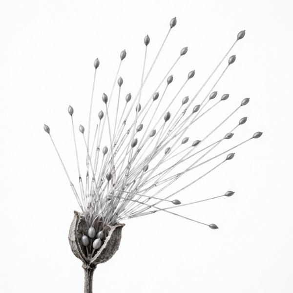 A finished grayscale seed pod specimen piece, print-ready as-is