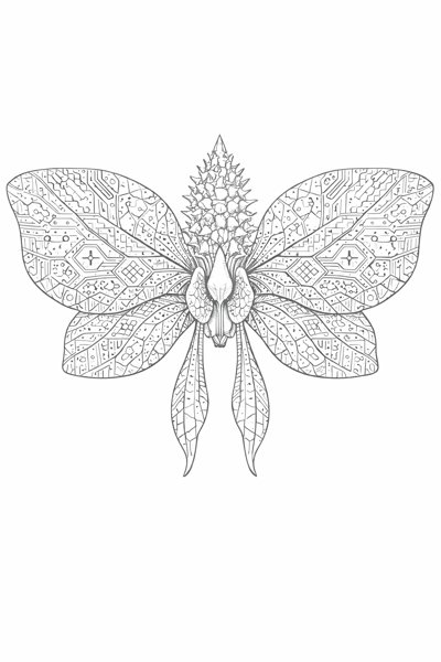A simplified alien moth-flower coloring page, easy lines, good for kids or a quick fill-in