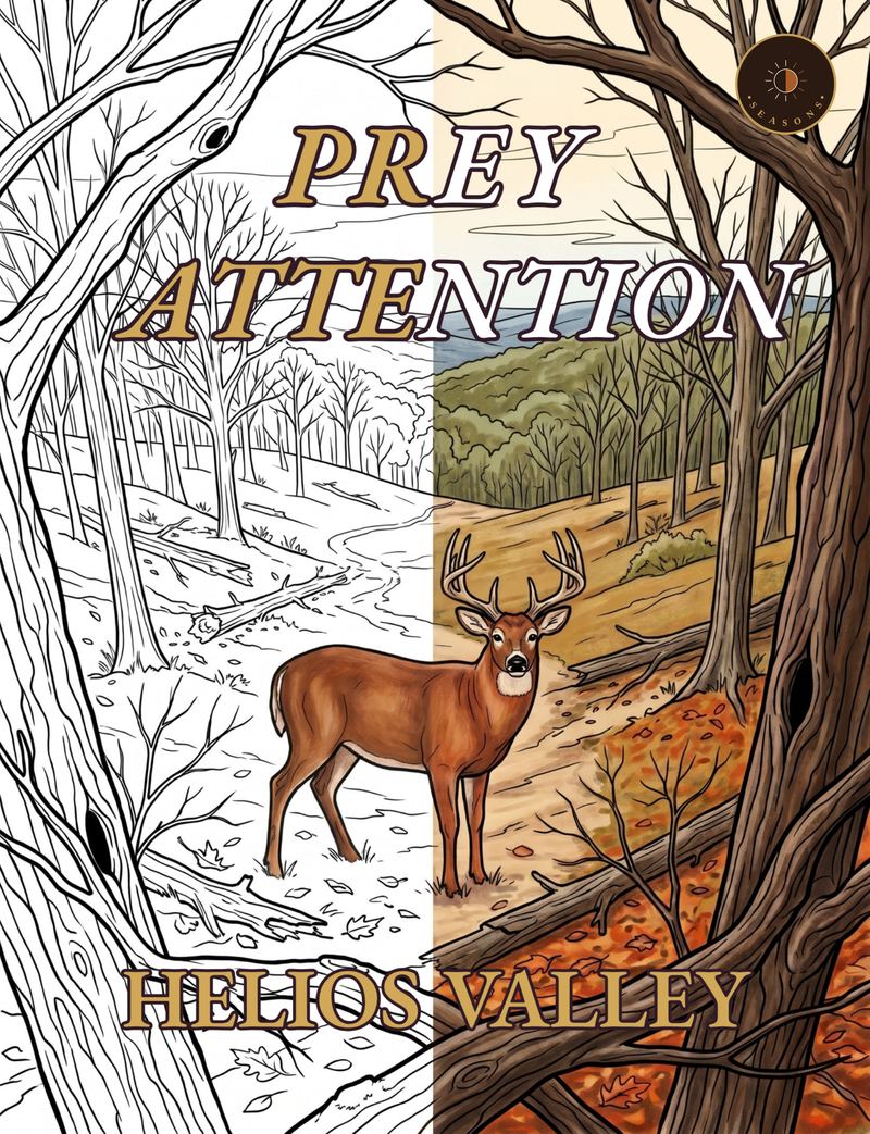 Prey Attention book cover — a whitetail deer rendered half in grayscale line art, half in painted autumn forest color