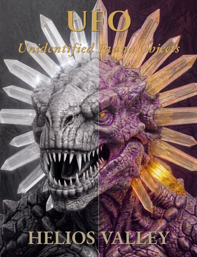 U.F.O. book cover — a crystal-crowned alien creature head rendered half in grayscale, half in painted violet and gold